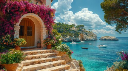 Charming Mediterranean Villa Entrance with Azure Sea and Coastal Panorama