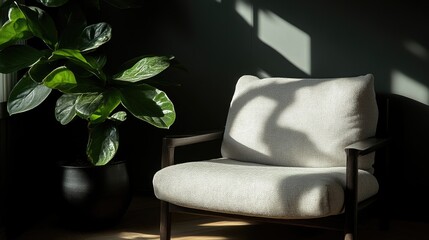 Modern, cozy armchair in a sunlit room with a plant