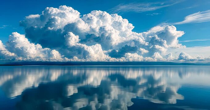 Incredible large cumulonimbus clouds and their reflection on a lake under a sunny day with a blue sky.