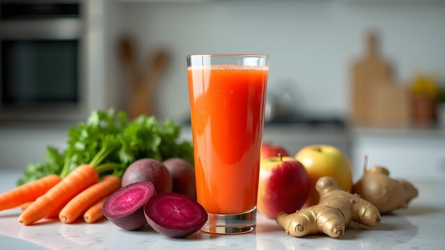 Vibrant Glass of Freshly Squeezed Vegetable and Fruit Juice with Healthy Ingredients