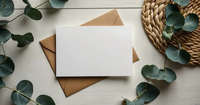 Blank greeting card and invitation mockup. Eucalyptus branch on a tabletop background. Flat lay perspective, top view. Space for text. Template mockup. Minimalistic brand business layout. Gentle