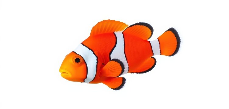 Vibrant orange clownfish, fins spread, isolated on pure white, illustration, swimming