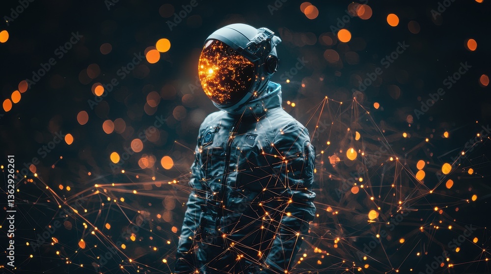 Poster astronaut in digital space with glowing particles and futuristic elements