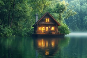 Log Cabin on Lake Surrounded by Lush Forest, Calm Water Reflecting Warm Interior Light