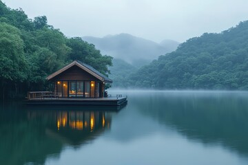 Naklejka premium Floating Log Cabin on Serene Lake, Surrounded by Lush Green Forest, Misty Morning