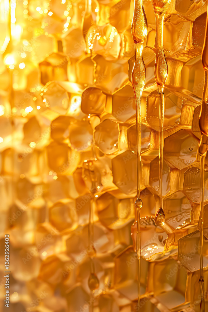 Aufkleber close up of honey dripping from a honeycomb. the honey is golden in color and he is flowing down the