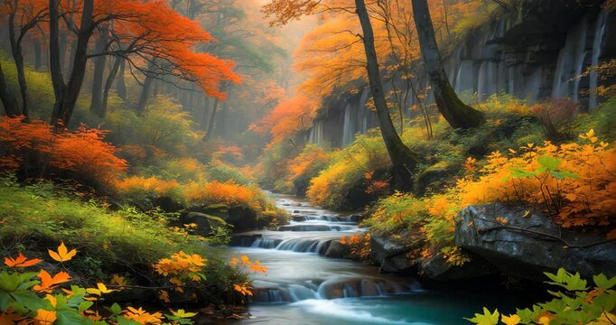 A tranquil autumn woodland featuring a clear stream winding through bright orange and yellow leaves, producing a calm and scenic view.