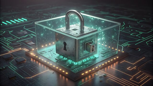 High-tech digital security concept featuring transparent lockbox with  metallic padlock, symbolizing encrypted data, cybersecurity protection, and blockchain security in a futuristic digital land.