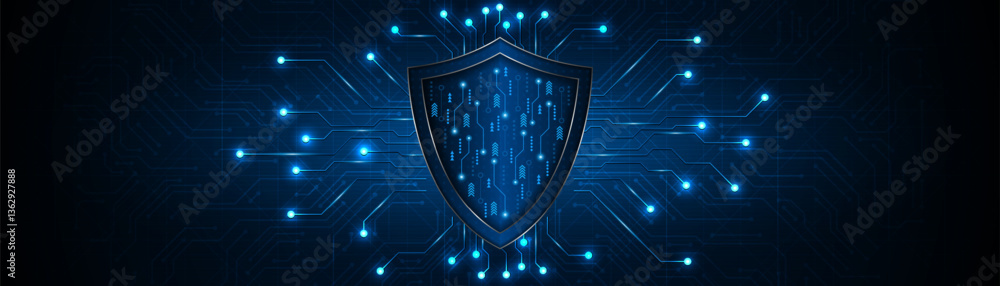 Poster Abstract technology circuit board background with shield symbols concept of data protection and cyber privacy. modern security technology innovation concept background	