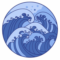 Stylized ocean waves in layered blue design