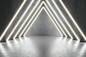 Obraz premium A modern, abstract room featuring triangular patterns of bright lights against a textured gray wall, creating a minimalist and futuristic atmosphere.
