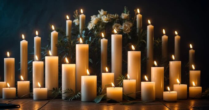 A tranquil arrangement of electric candles of varying heights emitting a warm, gentle glow. The background is dark, highlighted by the candles. Idea for memorials or religious services.
