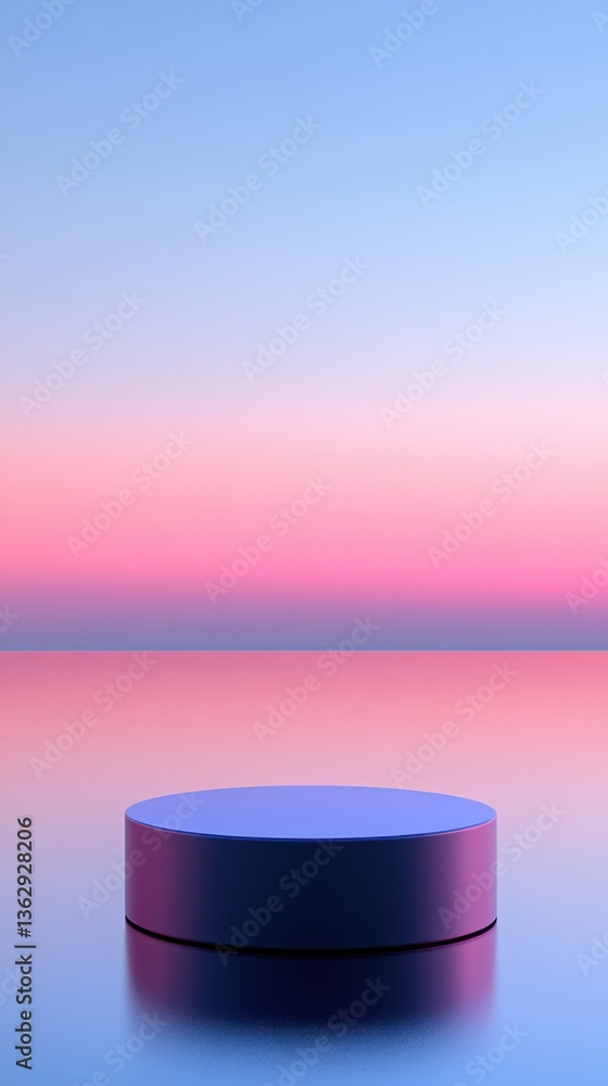 Poster minimalist podium on reflective surface against a gradient sky background for product display and pr
