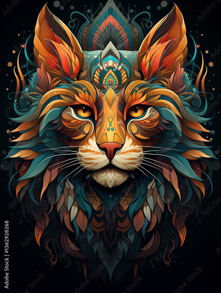 Poster print for t-shirt, colorful artistic cat portrait with intricate patterns