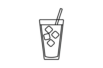 Line art drawing of an iced coffee in a glass with ice cubes and a straw vector art illustration.eps