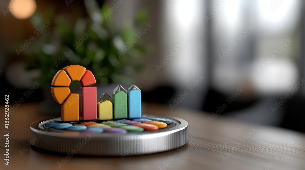 Poster colorful 3d bar and pie chart on wooden table