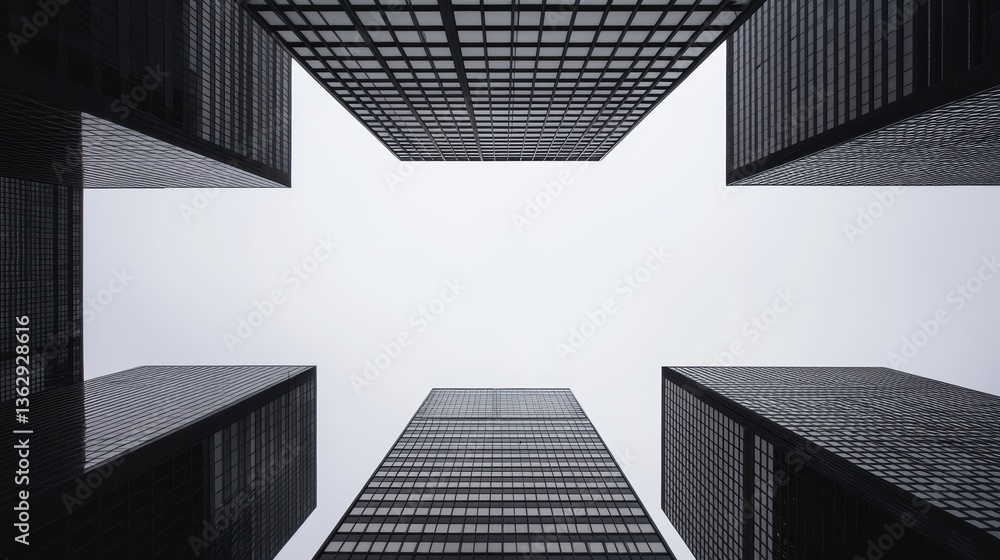 Poster a striking view looking up at towering skyscrapers, creating a geometric pattern against a gray sky.