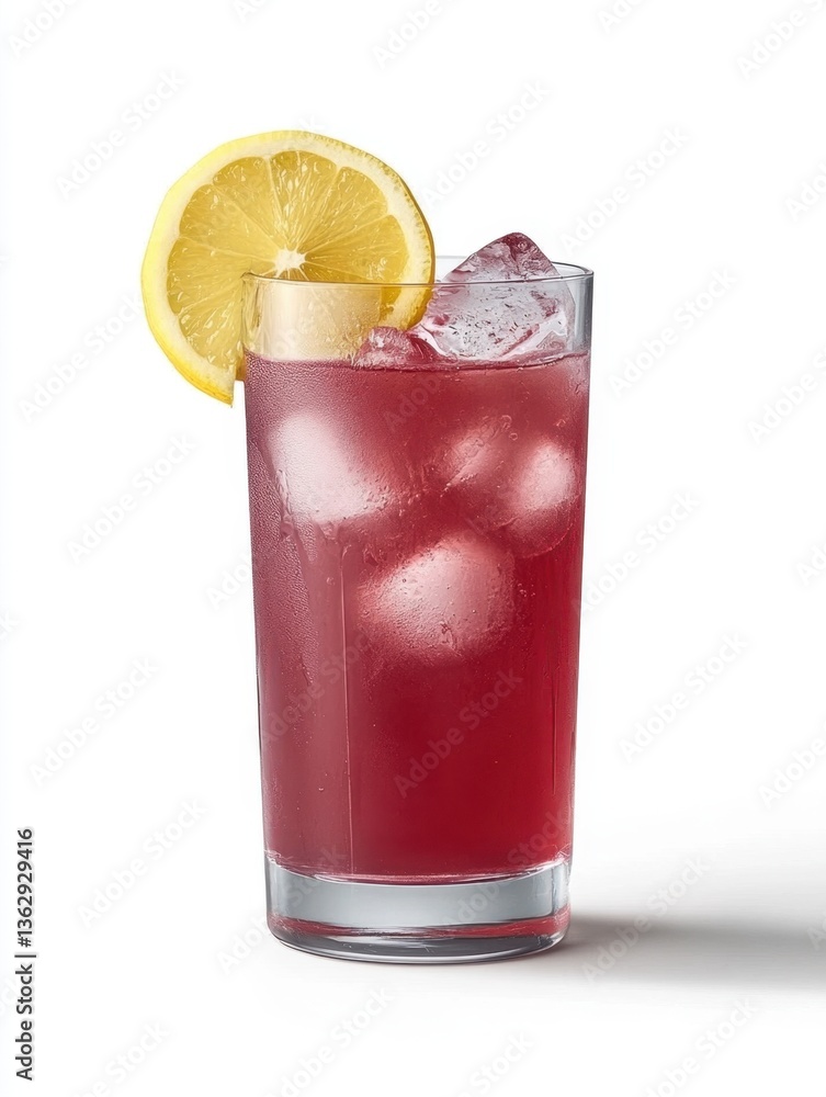 Poster refreshing cranberry cocktail with lemon slice and ice cubes on white background studio shot drink p