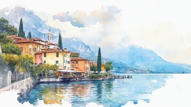 Watercolor Lake Garda Italian Lakeside Village - Serene Italian lakeside village, nestled amidst mountains, reflecting tranquility, picturesque architecture, and vibrant nature. Symbolizing peace