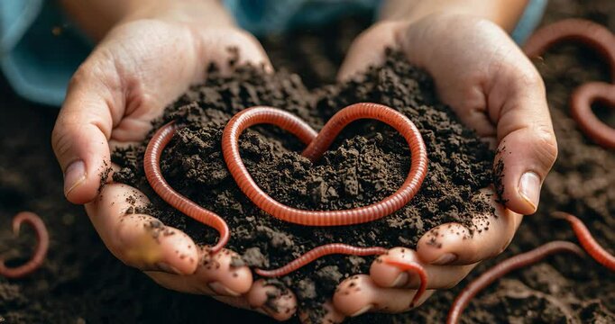 Child's hands grasping fertile soil and earthworms against a white backdrop. Earthworm digestion transforms organic material into high-quality natural fertilizer and live bait.