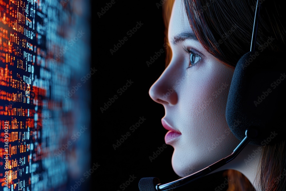 Poster a focused individual wearing a headset, engaged with a screen displaying lines of code, indicating a