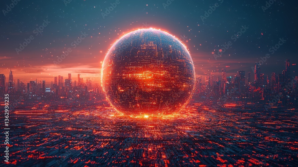 Poster futuristic cityscape with glowing digital sphere representing ai and language adaptability in a high