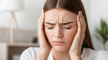 A woman is experiencing discomfort, holding her head with a pained expression, suggesting a headache or stress-related issue.