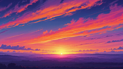 Obraz premium Vibrant sunset painting over rolling hills with colorful clouds