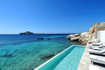 Fototapeta premium Infinity Pool Overlooking Turquoise Sea, Rocky Coastline, Blue Sky, Lounge Chairs