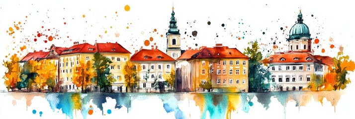 Watercolor Ljubljana Slovenia Cityscape - Autumnal watercolor painting of Ljubljana's architecture, showcasing vibrant colors, historical buildings, and tranquil waters. Symbolizing: history, beauty
