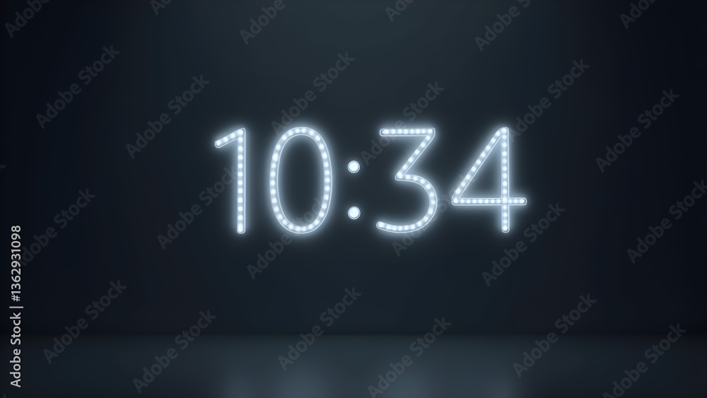 Poster digital clock displaying 10:34 with neon numbers on dark background