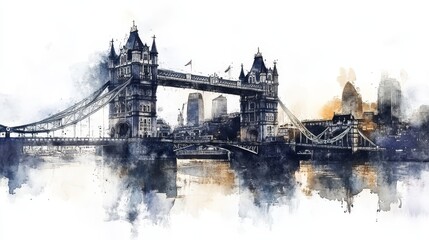 Obraz premium Watercolor London Bridge and Cityscape - Artistic watercolor painting of London's iconic Tower Bridge, showcasing its architectural grandeur, the Thames River