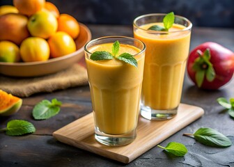 Fototapeta premium Refreshing and healthy mango smoothie in tall glasses