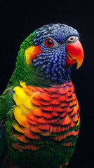 Fototapeta premium Close-up of a rainbow lorikeet, vibrant green, blue, red, orange, and yellow feathers, showcasing intricate texture and color, representative of wildlife beauty