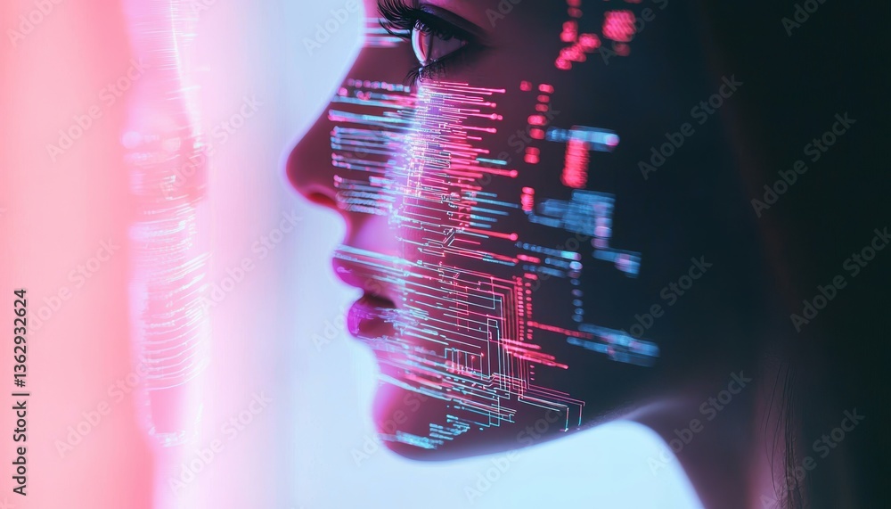 Poster a side profile of a woman with digital circuit patterns overlaying her face, illuminated with vibran