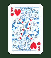 King character, Hearts suit playing card, vintage classic design, english pattern style, isolated on white, editable stroke line, vector illustration.	