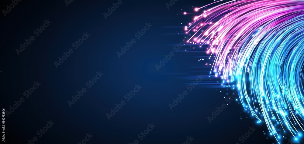 Poster a vibrant digital design featuring swirling pink and blue light trails against a dark background, cr