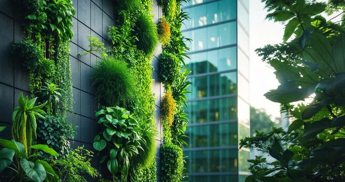 Fac?ade of a building featuring green plant growth on the exterior. Vertical garden. Eco-friendly urban setting. Sustainable contemporary and ecological architecture.