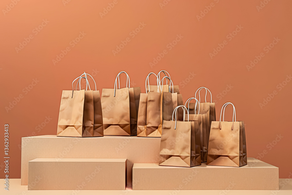 Poster stack of brown paper bags on a table. the bags are of different sizes and are arranged in a neat row