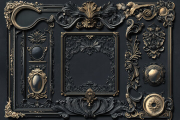 Black and gold frame adorned with intricate ornaments, standing elegantly against a white wall.