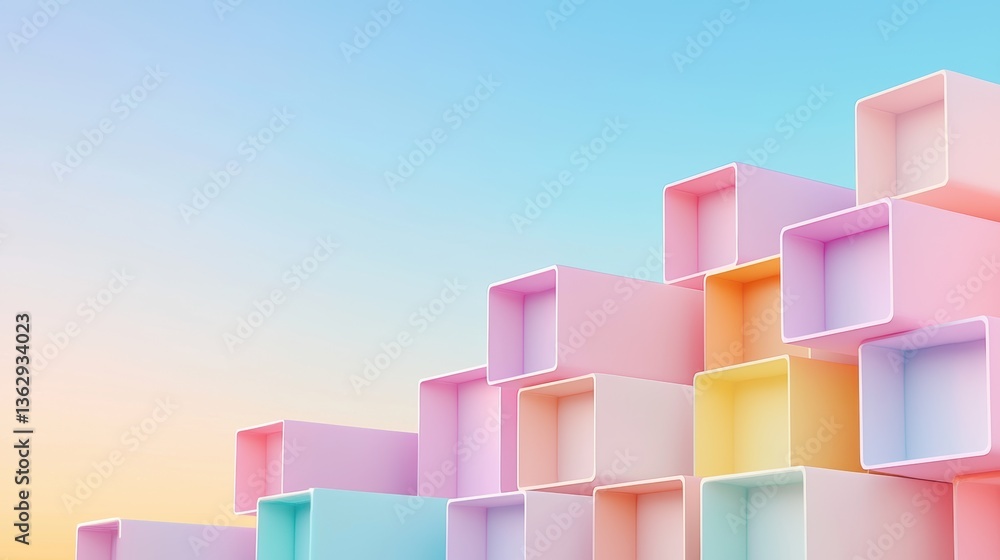 Poster a vibrant arrangement of pastel-colored geometric boxes against a soft gradient sky, creating a visu