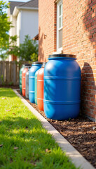 Colorful rainwater barrels lined against brick wall, eco-friendly living