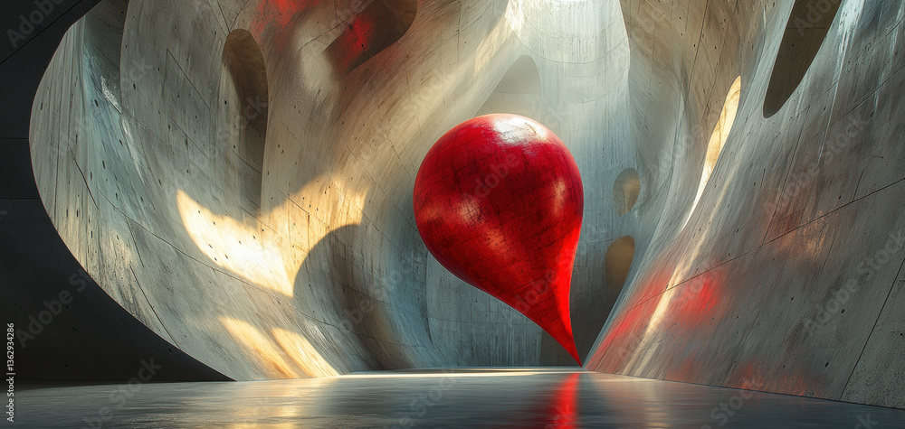Fototapete striking minimalist composition featuring large red teardrop shape suspended in modern, abstract architectural space. interplay of light and shadow creates captivating atmosphere
