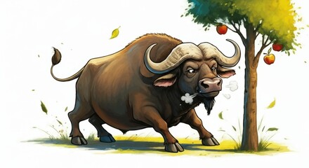 Obraz premium Cartoon buffalo fighting with a tree