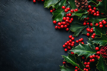 Christmas holly and red berries on black background, festive and vibrant.