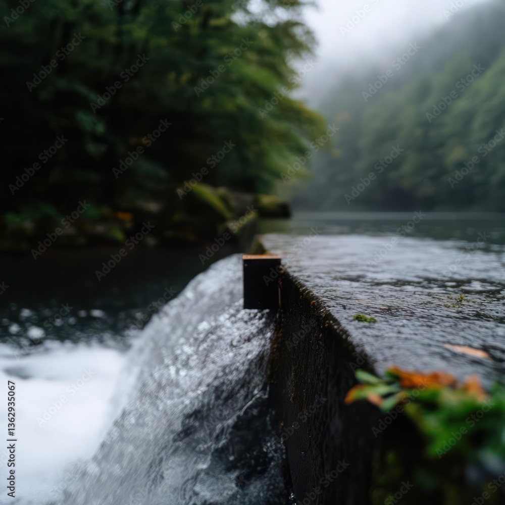 Poster closeup of water cascading over wooden structure in misty green forest