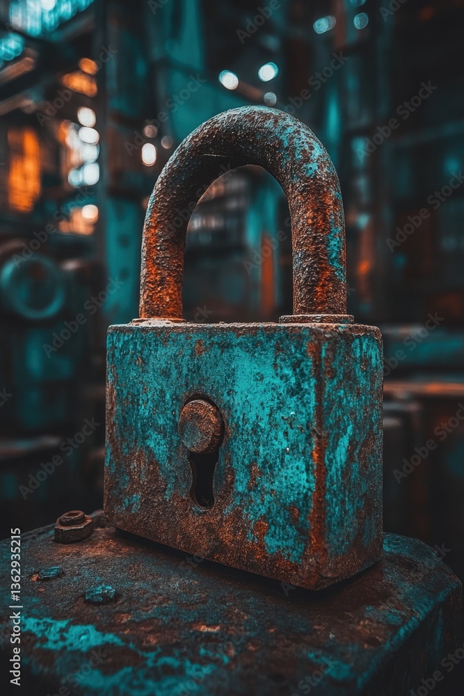 Poster close up of a weathered padlock with rust and teal patina in an industrial setting capturing a sense
