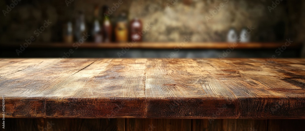 Poster rustic wooden table surface with blurred background of bottles and glasses in a vintage style bar se