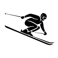 A skier in mid-air going downhill, holding ski poles with bent knees 