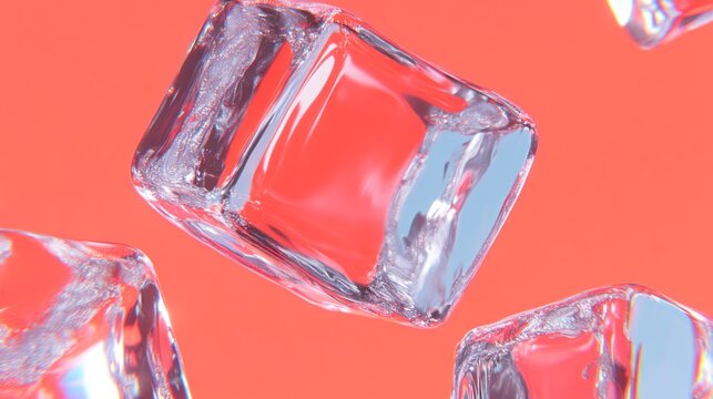 Transparent ice cubes float against a coral colored background